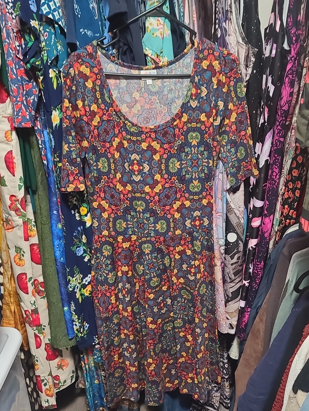 LuLaRoe Navy Scoop Neck Dress with Red, Orange and Yellow Floral Medallions